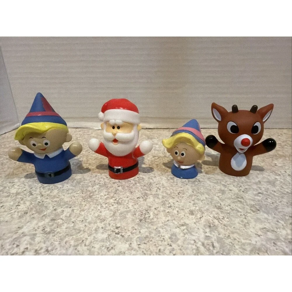 Rudolph the Red Nosed Reindeer 4 Ct Rubber Finger Puppet Bath Toy Set Santa 2”